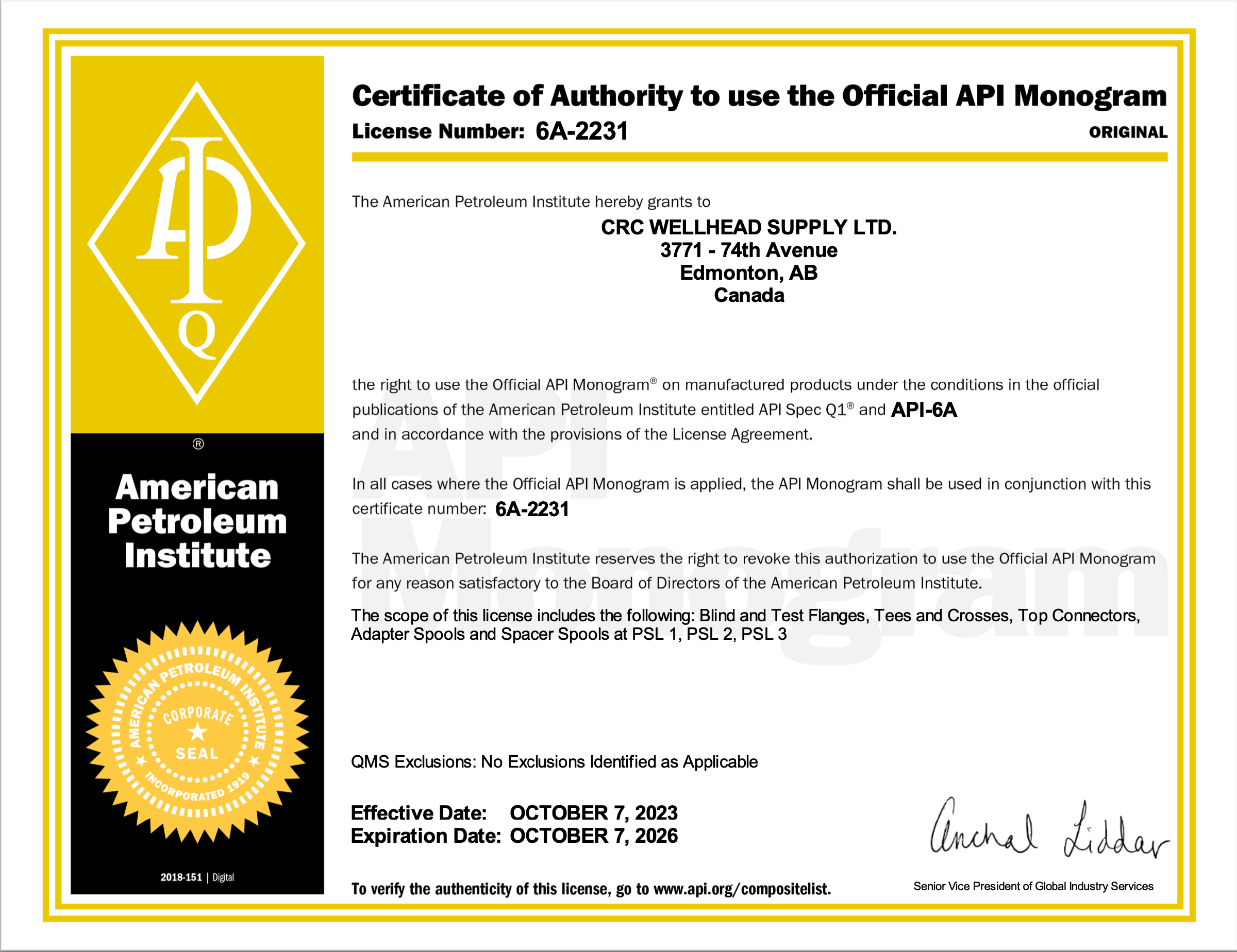 API certificate CRC Wellhead